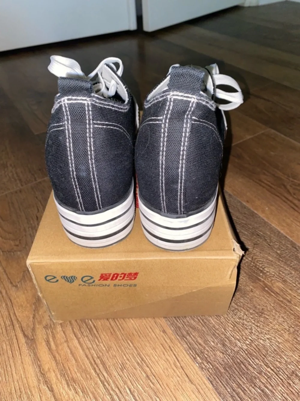 Black Canvas Platform Wedge Sneakers, 3” Height-Hidden Heel, Size 7